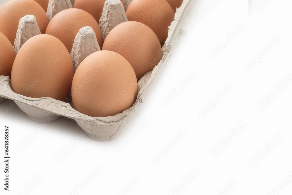 Closeup of eggs in carton on white background with copy space Closeup of eggs in carton on white background with copy space