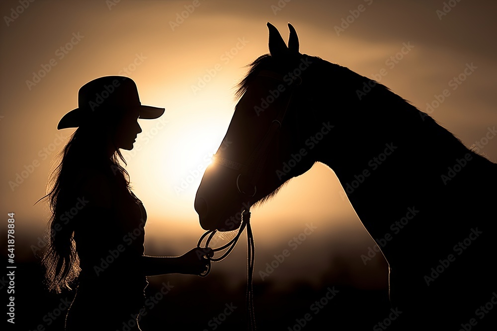 Silhouette of a cowgirl riding a horse equestrian illustration wallpaper - obrazy, fototapety, plakaty 