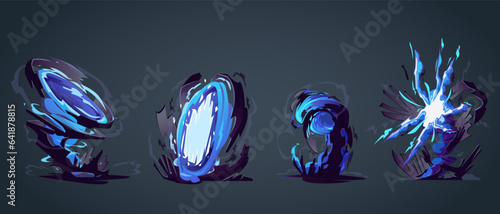 Set of colored explosions. Explosion in the air, detonation on the surface, storm, vortex funnel, portal. Visual effects of explosion, shock wave. Sci-fi, fantasy, neon colors. Vector cartoon