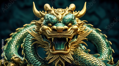 Emerald Gold Chinese Dragon. Chinese new year 2024 year of the green Wood dragon , Chinese zodiac symbol, Lunar new year concept. The symbol of the year 2024 dragon, digital ai
