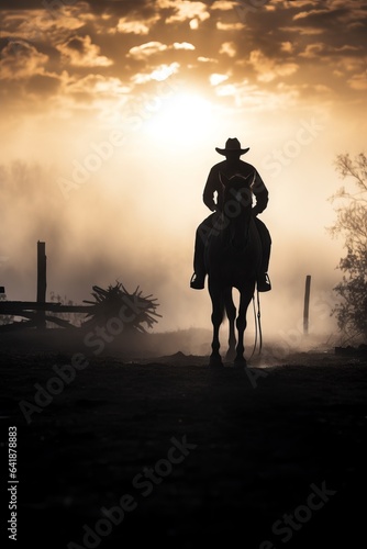 Silhouette of a cowboy riding a horse equestrian illustration wallpaper © Ali
