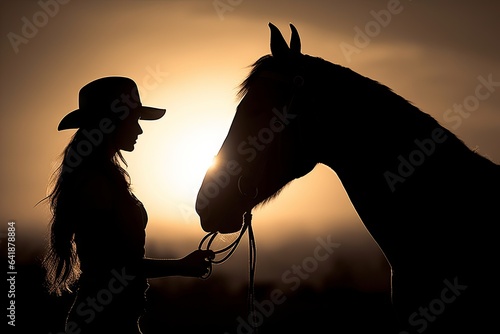 Photographie Silhouette of a cowgirl riding a horse equestrian illustration wallpaper