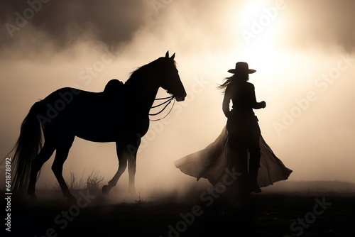 Leinwand Poster Silhouette of a cowgirl riding a horse equestrian illustration wallpaper