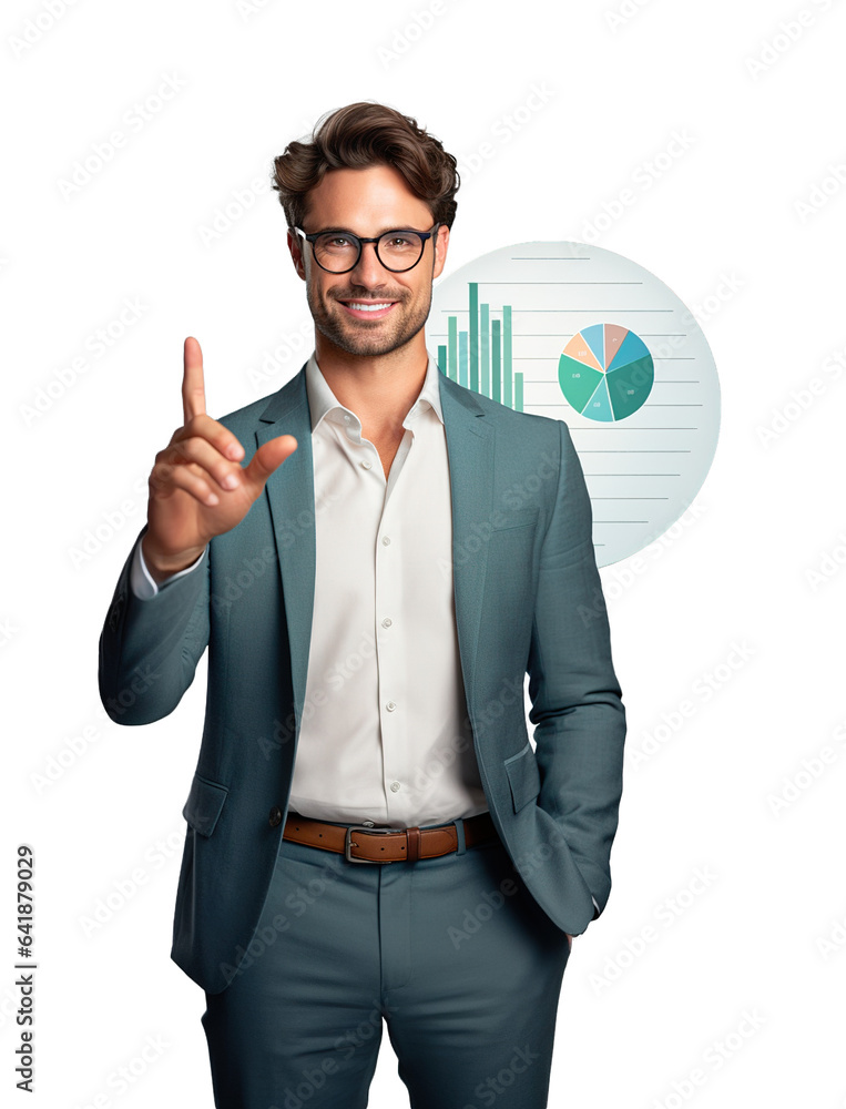 Accountant economist with chart and pointing with finger posing on white transparent background Accountant economist with chart and pointing with finger posing on white transparent background