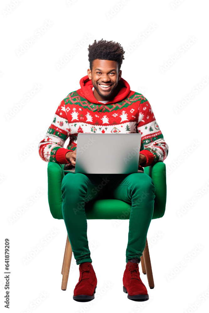 Afro American man with Christmas pajamas using computer sitting on a chair. Isolated transparent background Afro American man with Christmas pajamas using computer sitting on a chair. Isolated transparent background