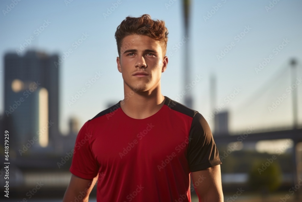A Caucasian male looking down with determination wearing a soccer kit and standing still in front of a defocused skyline in the background. A Caucasian male looking down with determination wearing a soccer kit and standing still in front of a defocused skyline in the background.