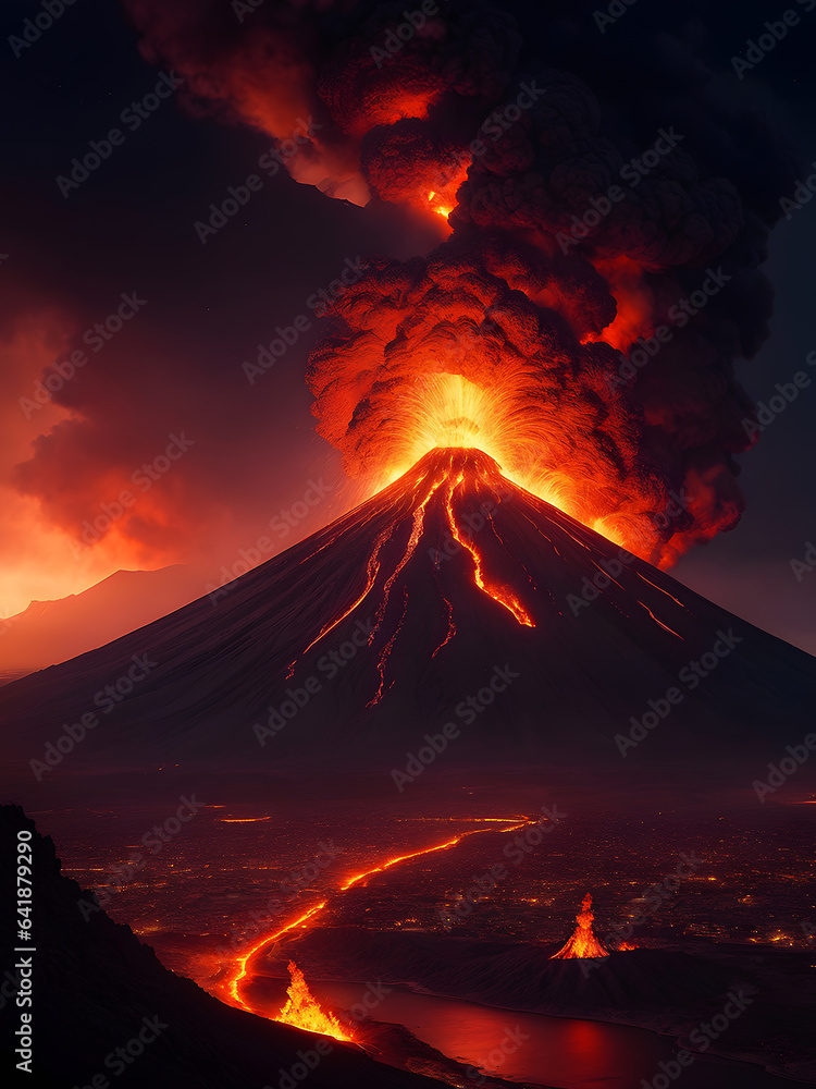 Volcano eruption with huge smoke and dust AI Generated image