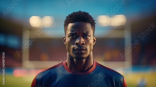 An AfricanAmerican man wearing a navy blue soccer jersey with the sleeves rolled up showcases a determined look on his face against a colorful outoffocus soccer field. © Justlight