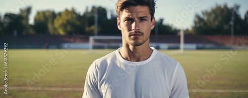 A Caucasian man wearing a white soccer jersey with his arms crossed stands confidently against a slightly faded soccer field.