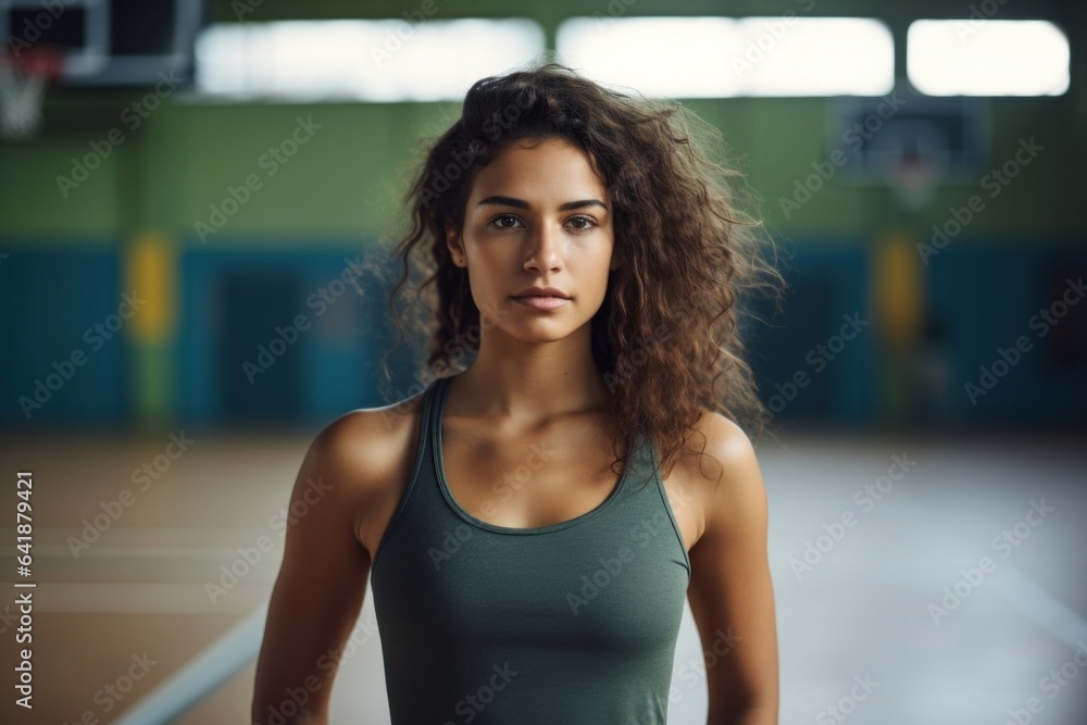 A Latino female with a serious expression standing at the edge of a basketball court blurred background.