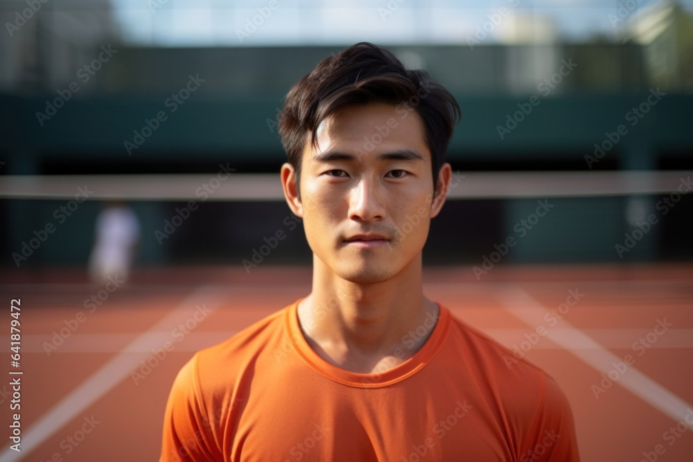 A closeup of an Asian male tennis athlete standing still in the foreground with an outoffocus court in the background.