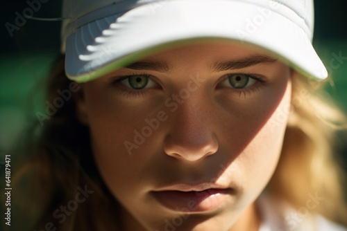 A clear portrait of a white female tennis player surrounded by an unfocused green court.