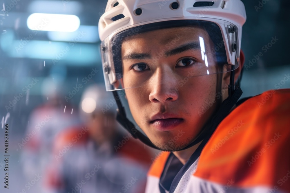 An Asian male ice hockey player with a composed look standing closeup and still with a diffused view of ice hockey players in the background.