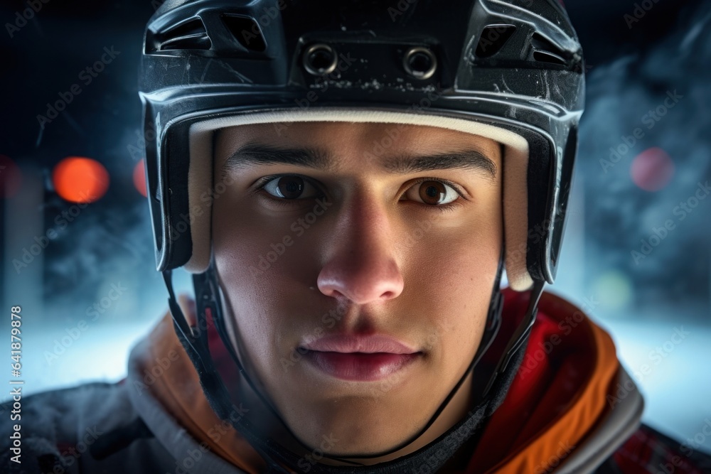 A Hispanic male ice hockey player with a focused expression standing closeup in the midst of an unclear view of the ice rink.