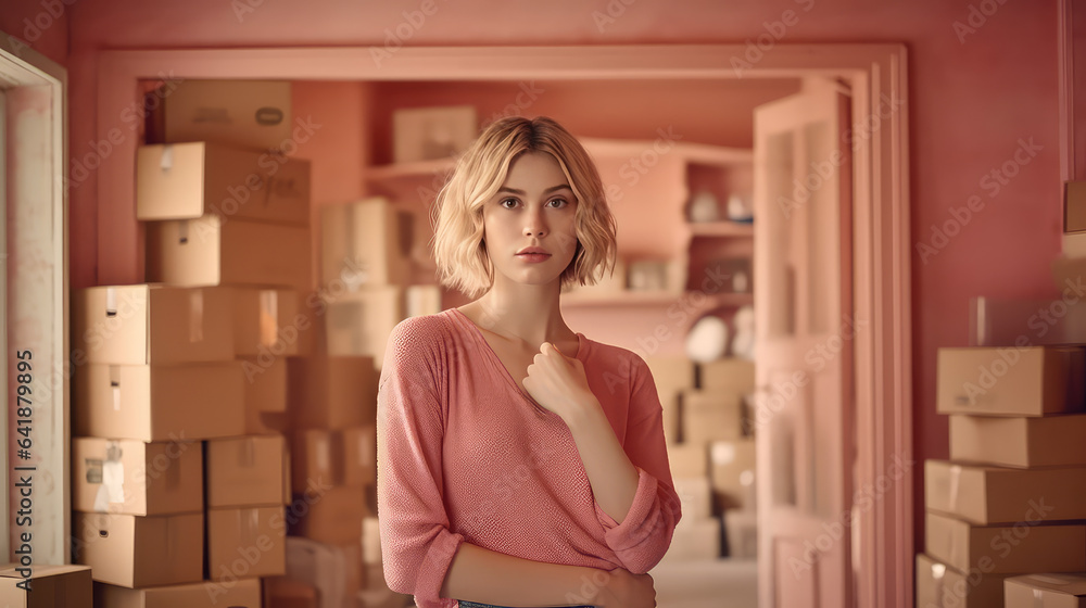 Young woman in a room full of cardboard boxes after moving. Creative concept of transportation company for moving to a new house. Young woman in a room full of cardboard boxes after moving. Creative concept of transportation company for moving to a new house.