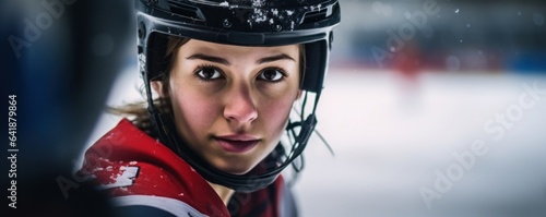 A Caucasian female ice hockey athlete with an intense gaze standing close up against a defocused view of the rink.