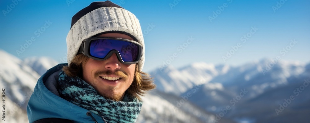 A Caucasian male snowboarder with dark sunglasses and a beanie standing still in a closeup portrait against a defocused blue and white wintery mountain landscape.