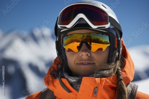 A determined Middle Eastern female skier posed in a standstill closeup portrait against a partially defocused mountain landscape background.