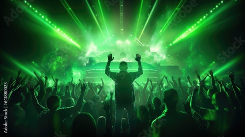 Techno rave party club. DJ in front of dancing party people. Electronic music, techno or raving in laser. Night club crowd dance with hands up in green neon lights- generative AI, fiction Person