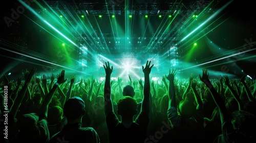Techno rave party club. DJ in front of dancing party people. Electronic music, techno or raving in laser. Night club crowd dance with hands up in green neon lights- generative AI, fiction Person