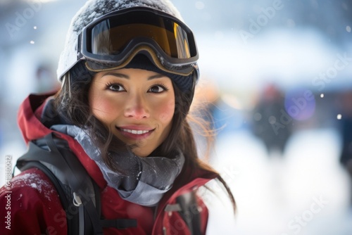An intense young Asian female skier in a standstill closeup portrait with a blurred wintery sports background. © Justlight