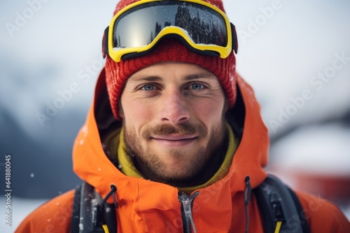 An optimistic Caucasian male skier photographed in a standstill closeup portrait against a defocused snowy mountain background. © Justlight