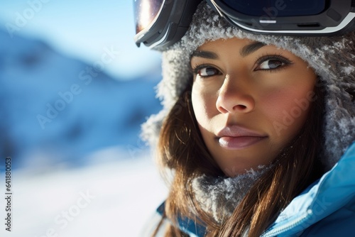 An intense Native American female skier featured in a standstill closeup portrait with a blurred skiing landscape background.