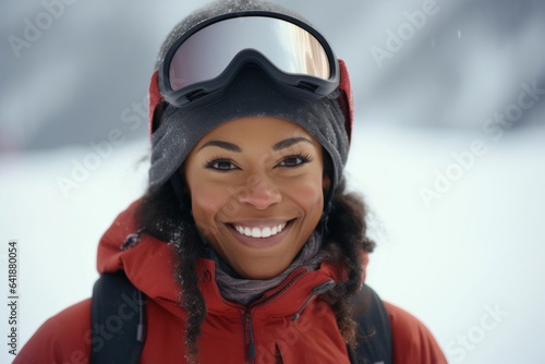 A confident African American female skier posed in a standstill closeup portrait with a defocused wintery sports background.