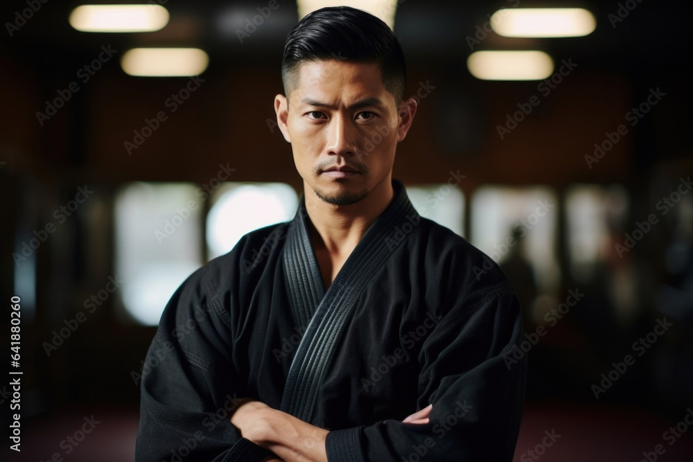 A fit AsianAmerican male martial artist focused face and poised stance with a faint martial arts dojo as backdrop.
