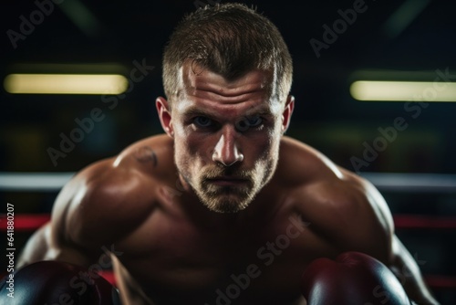 Young white male boxer in defensive stance fierce eyes locked on focus ahead with a blurry background of a boxing ring.