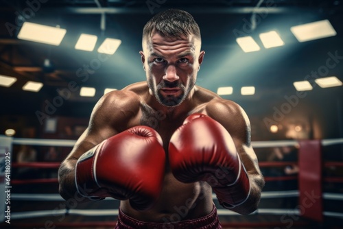 Athletic Caucasian boxer with fists clenched up and arms bent squaring up against a ly visible plethora of boxing accessories in the background. © Justlight
