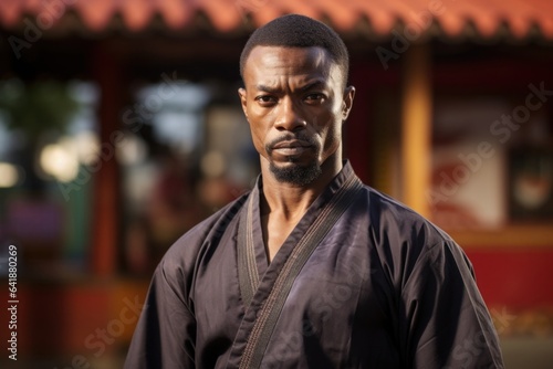 A strong African male martial artist looking intensely to the side with a low contrast martial arts training center in the background.