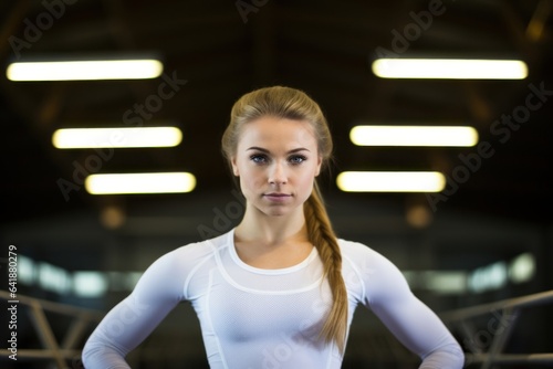 Caucasian female gymnast in a stockstill pose looking towards the camera and with a diffused arena in the background. photo