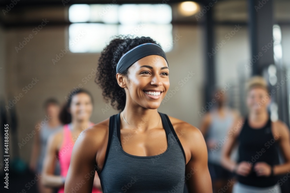 A black woman in a crossfit headband stands still against a defocused background of a fitness class in action.