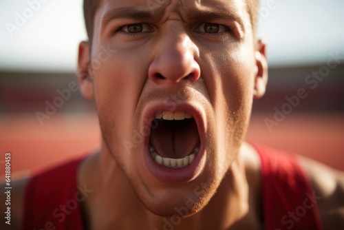 A static closeup of a Caucasian male track and field athlete his mouth set in a determined line against a defocused background of stadiums and running tracks.