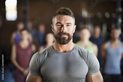 A white male stands still for a closeup portrait against a crossfit class being held in the background.