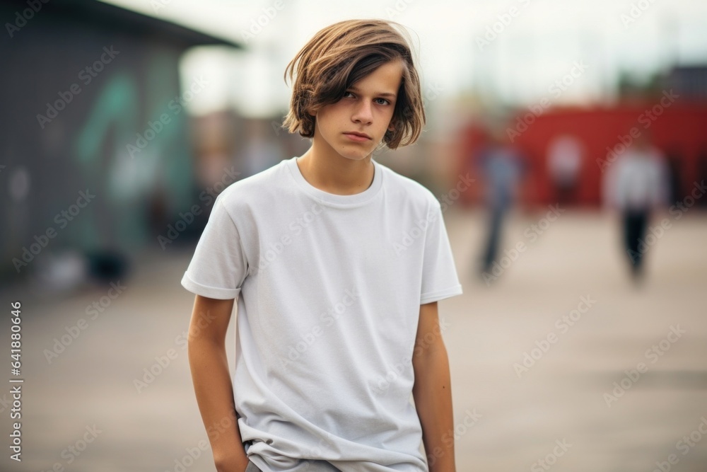 A young white male skateboarder with hands on his hips taking in the moment against a blurred sports backdrop.