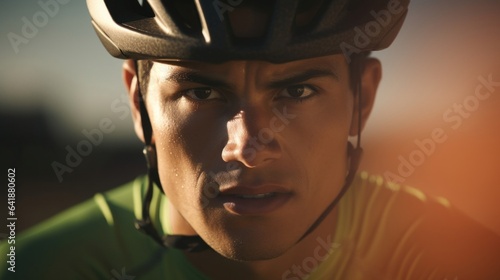 A close up portrait of a Latino male triathlete positioned still beneath a fuzzy cycling circle. © Justlight