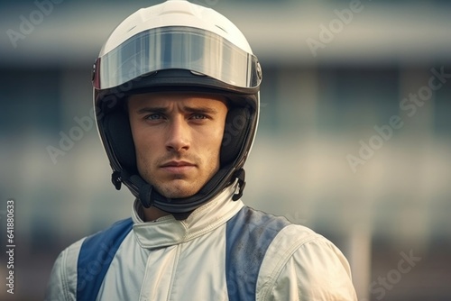 A daring male jockey in a white helmet and navy blue jumpsuit stands unwavering in a close up portrait in front of a hazy racetrack. © Justlight