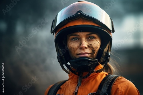 A strong female jockey with an orange helmet and grey jumpsuit stands in a close up portrait her gaze set on the racetrack beyond with a smoky sport background. © Justlight