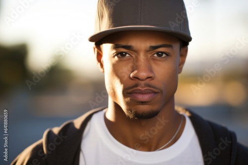 An AfricanAmerican male skateboarder standing with a determined expression facing a motionfilled background. photo