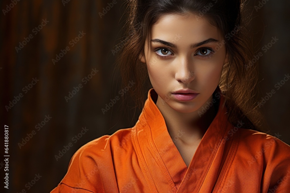 A slender MiddleEastern female in an orange gi poised and ready with unyielding determination. A slender MiddleEastern female in an orange gi poised and ready with unyielding determination.