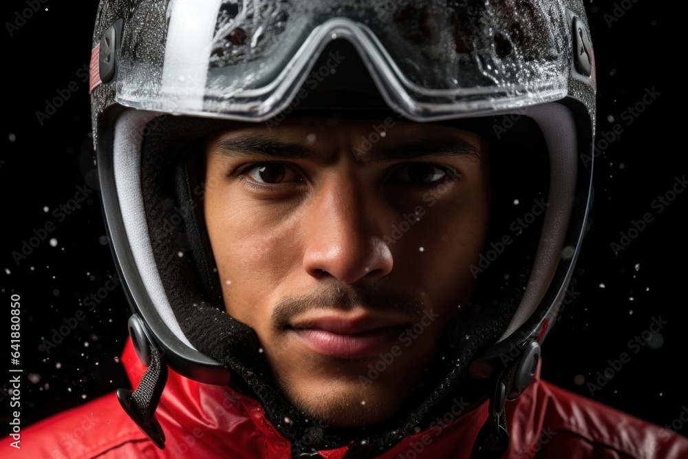 A Hispanic male luge athlete with a determined expression in a still closeup portrait against a texturefilled backdrop of the sport. A Hispanic male luge athlete with a determined expression in a still closeup portrait against a texturefilled backdrop of the sport.