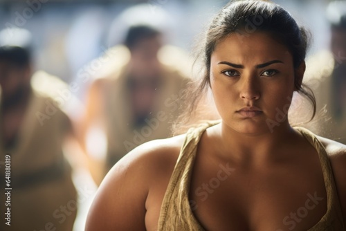 A Middle Eastern female sumo wrestler with a sharply determined face immovably resists against a defocused athletes hall of a sumo wrestling tournament.