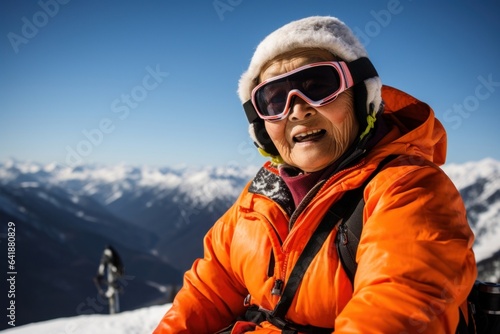 An elderly Asian woman freestyle skier posing rigidly in front of a mountain landscape with bright orange and yellow tones.