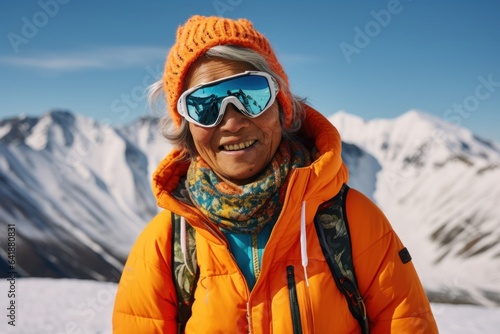 An elderly Asian woman freestyle skier posing rigidly in front of a mountain landscape with bright orange and yellow tones.