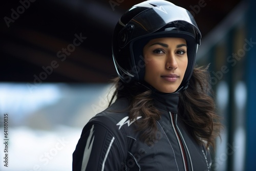 A focused close up of a young South Asian female bobsleigh athlete standing still in her racing suit with a sporty defocused background © Justlight