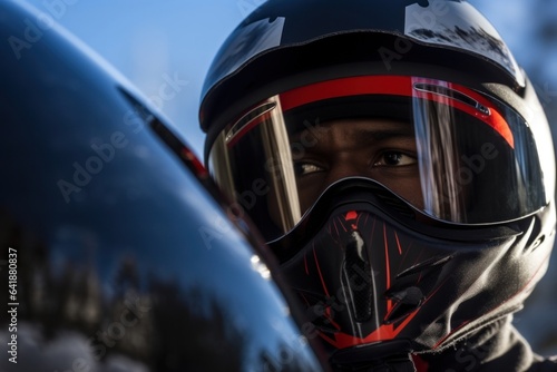 Photographie An AfricanAmerican male bobsleigh athlete posed in an action stance the focus on