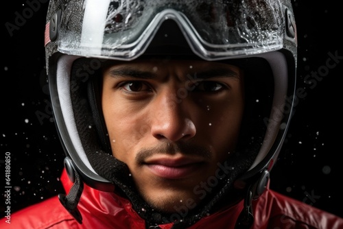 A Hispanic male luge athlete with a determined expression in a still closeup portrait against a texturefilled backdrop of the sport.