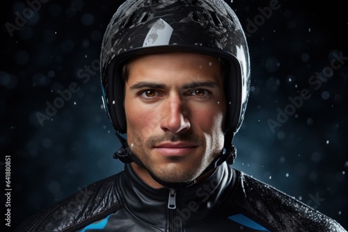 A Hispanic male luge athlete with a determined expression in a still closeup portrait against a texturefilled backdrop of the sport. © Justlight